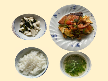 メニュー組合せレシピ（ぶりのムニエル野菜ソースかけ、長芋とわかめのさっぱりサラダ、ねぎスープ）