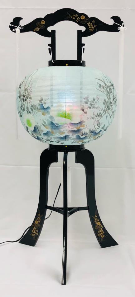 回転行灯 芙蓉に月 12号 水青 ビニロン プラ足(蒔絵) 電気コード式 税込6600円