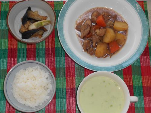 メニュー組合せレシピ（鶏じゃが、なすのごまがらめ、枝豆のポタージュ）