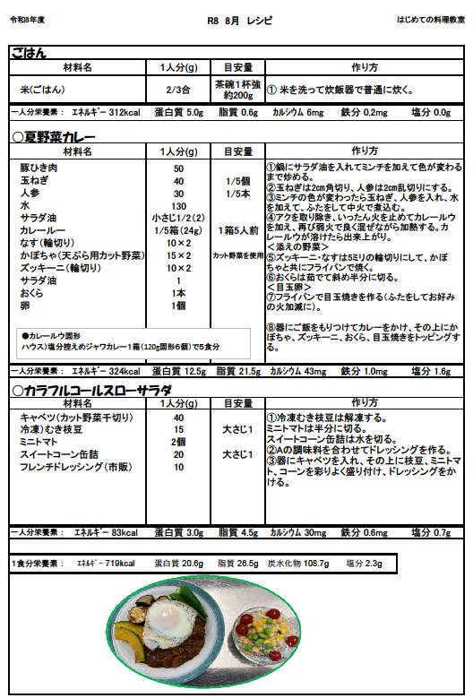 はじめての料理教室②レシピ