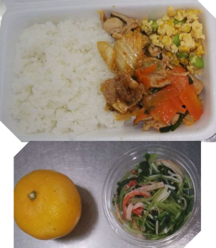 メニュー組合せレシピ（豚キムチ、水菜のごま風味、枝豆とコーンの卵とじ、みかん）