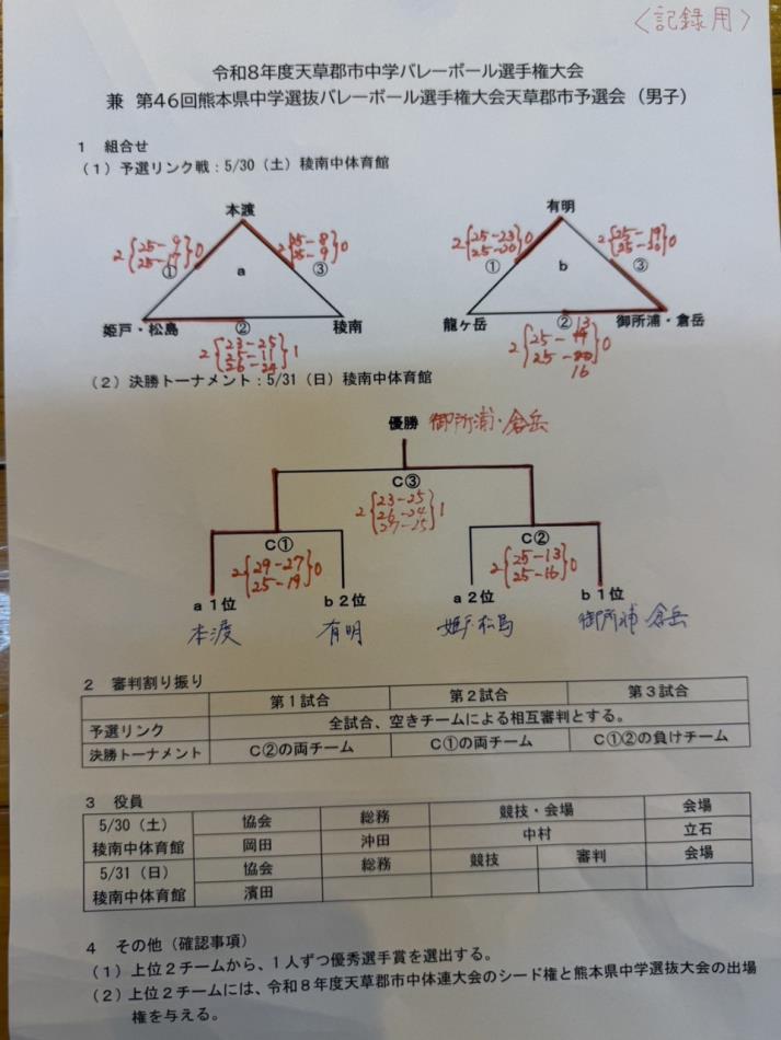 令和8年度天草郡市中学バレーボール選手権大会兼第46回熊本県中学選抜バレーボール選手権大会天草郡市予選会（5/30・稜南中体育館他）