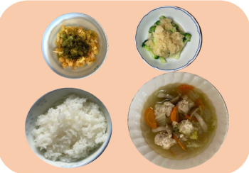 メニュー組合せレシピ（鶏団子の生姜スープ、ブロッコリーのおろし和え、お好み焼き風ポテトサラダ）