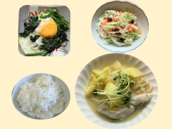 メニュー組合せレシピ（白身魚のちゃんちゃん焼き風、巣ごもり玉子、白菜ミルマヨサラダ）