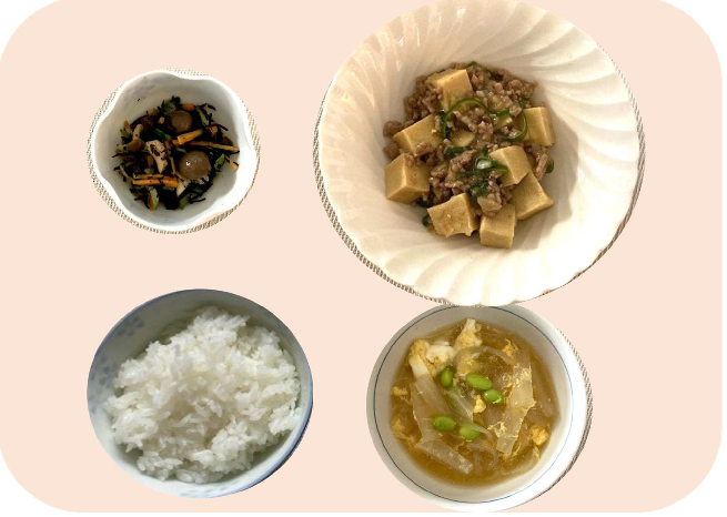 メニュー組合せレシピ（高野豆腐のマーボー豆腐、ひじきの和風サラダ、大根スープ）