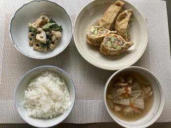 メニュー組合せレシピ（袋煮、れんこんとブロッコリーのマヨ味噌焼き、白菜と生姜のスープ）